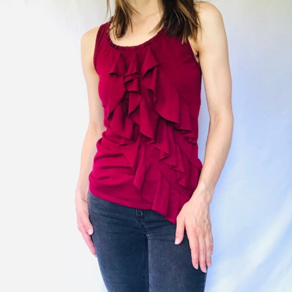 Waterfall layered ruffle front burgundy stretch tank